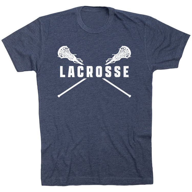 Girls Lacrosse Short Sleeve T-Shirt - Crossed Girls Sticks [Youth Small/Navy] - SS
