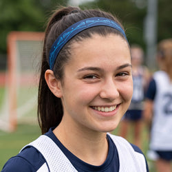 Woman wearing a blue headband and sports top on a sports field