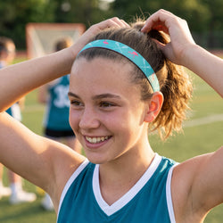 Woman wearing a lacrosse flamingo headband with a lacrosse field in the background