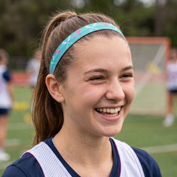 Person adjusting a lacrosse headband on a sports field