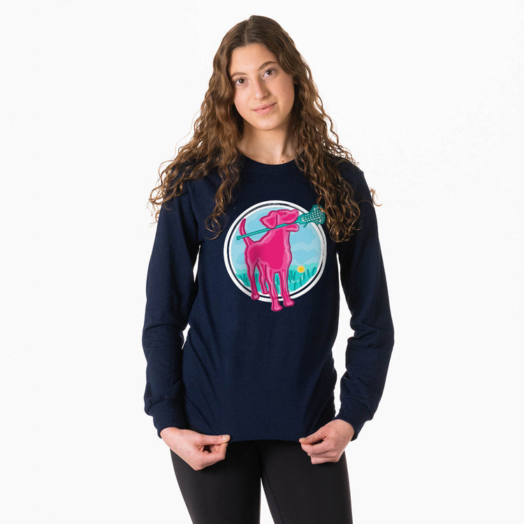 Girls Lacrosse Tshirt Long Sleeve - Lacrosse Dog with Girl Stick