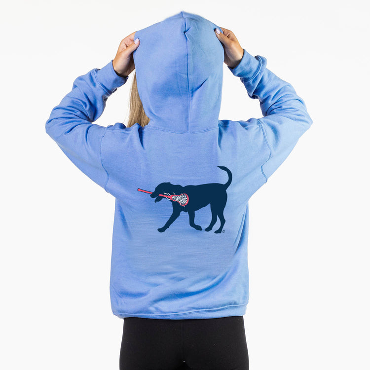 Girls Lacrosse Hooded Sweatshirt - LuLa The LAX Dog Blue (Back Design)