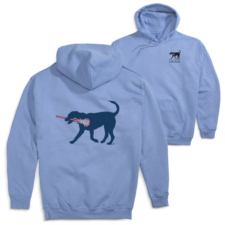 Girls Lacrosse Hooded Sweatshirt - LuLa The LAX Dog Blue (Back Design)