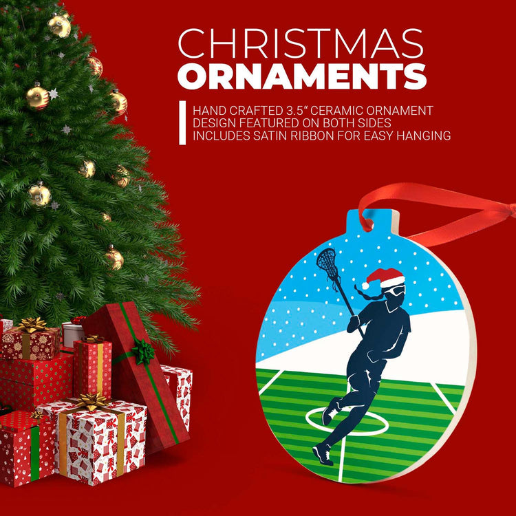 Girls Lacrosse Round Ceramic Ornament - Silhouette with Santa Hat