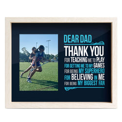 Dear Dad Girls Lacrosse wooden frame featuring a picture of a girl playing lacrosse
