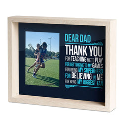Dear Dad Girls Lacrosse wooden frame featuring a picture of a girl playing lacrosse