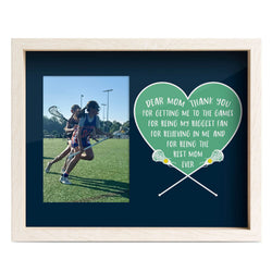 Dear Mom Girls Lacrosse wooden frame featuring a picture of a girl playing lacrosse