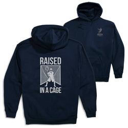 Guys Lacrosse Hooded Sweatshirt - Raised In The Cage(Back Design) [Adult Small/Navy] - SS