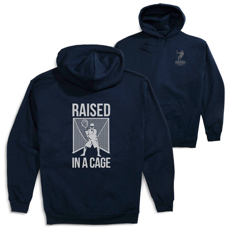 Guys Lacrosse Hooded Sweatshirt - Raised In The Cage(Back Design) [Adult Small/Navy] - SS