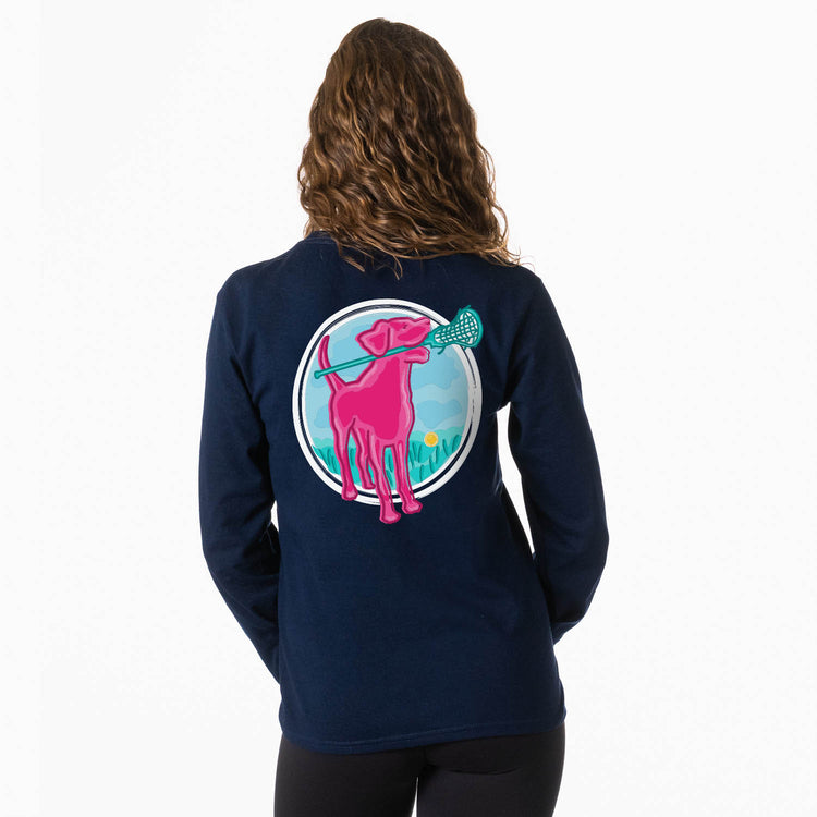 Girls Lacrosse Tshirt Long Sleeve - Lacrosse Dog with Girl Stick (Back Design)