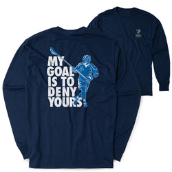 Guys Lacrosse Tshirt Long Sleeve - My Goal Is To Deny Yours Defenseman (Back Design) [Adult Medium/Navy] - SS