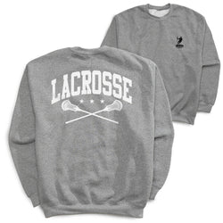 Guys Lacrosse Crewneck Sweatshirt - Lacrosse Crossed Sticks (Back Design) [Youth Large/Gray] - SS