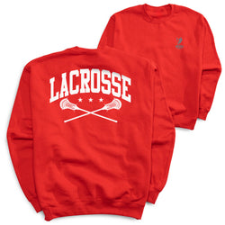 Guys Lacrosse Crewneck Sweatshirt - Lacrosse Crossed Sticks (Back Design) [Youth Large/Red] - SS