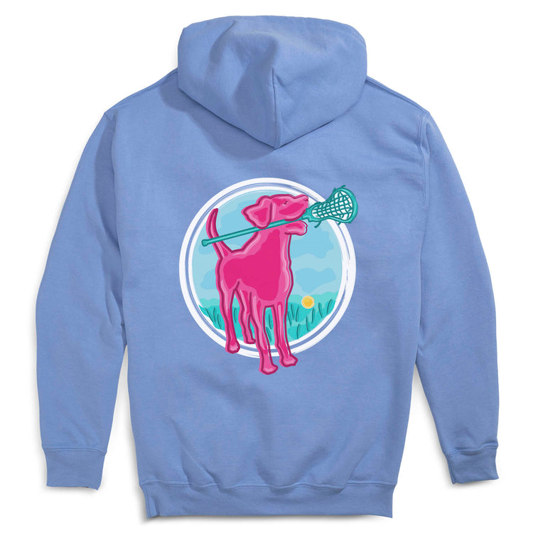 Girls Lacrosse Hooded Sweatshirt - Lacrosse Dog with Girl Stick (Back Design) [Carolina/Adult Large] - SS