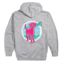 Girls Lacrosse Hooded Sweatshirt - Lacrosse Dog with Girl Stick (Back Design) [Gray/Youth Large] - SS