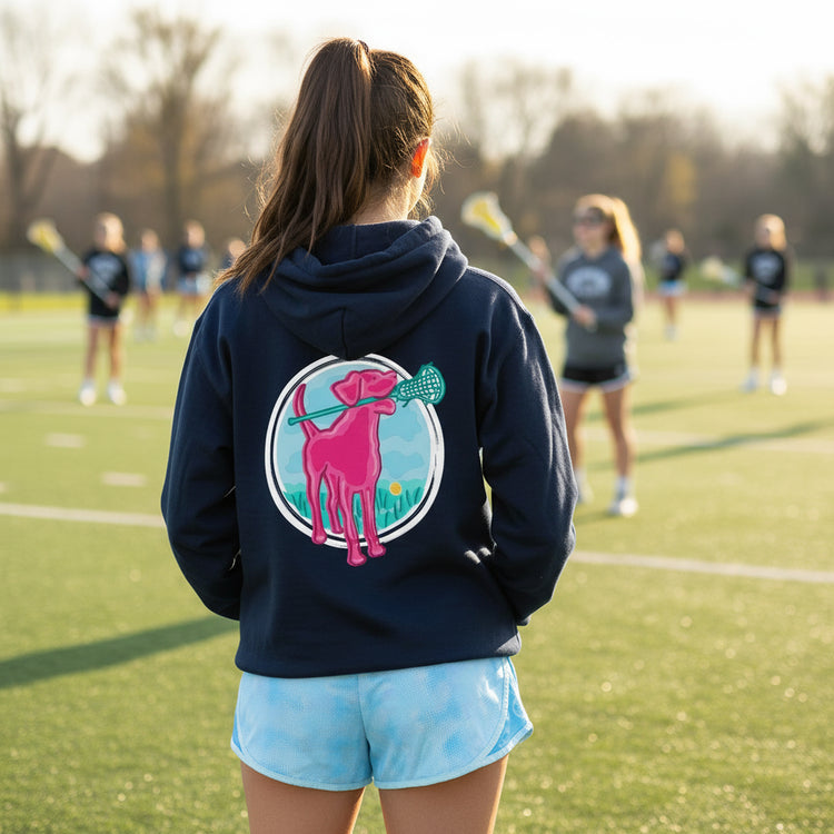 Girls Lacrosse Hooded Sweatshirt - Lacrosse Dog with Girl Stick (Back Design)