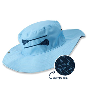 Light blue bucket hat with a detailed lacrosse design on a white background