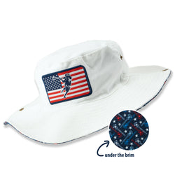 White bucket hat with American flag design and small lacrosse player patch on a white background