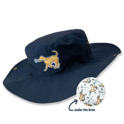 Navy blue bucket hat with embroidered dog design on a white background