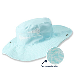 Light blue bucket hat with a lacrosse logo on a white background