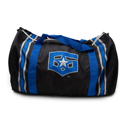 Black duffel bag with blue and gray stripes and a logo on a white background