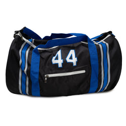 Black duffel bag with blue accents and the number 44 on a white background