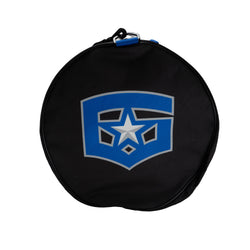 Side of duffle bag with blue and white logo on a white background