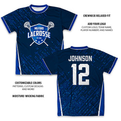 Blue custom lacrosse tee with customizable features on a white background