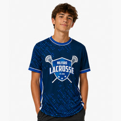 Person wearing a blue 'Milford Lacrosse' shirt on a white background