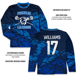 Blue lacrosse ling sleeve tee with Franklin Lacrosse branding and customizable features on a white background.