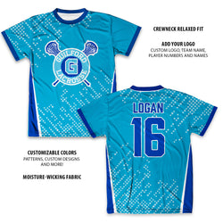 Blue custom lacrosse tee with 'Guilford Lacrosse' logo and 'LOGAN 16' on a white background