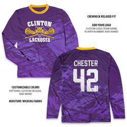 Purple lacrosse jersey with 'Clinton Lacrosse' text and logo, customizable features listed.