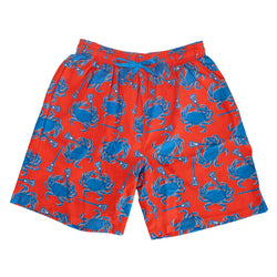 Red swim trunks with blue crab pattern on a white background