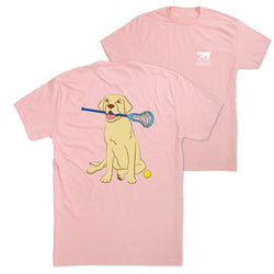 Pink t-shirt with a dog playing lacrosse graphic on a white background