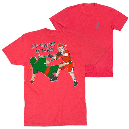 Guys Lacrosse Short Sleeve T-Shirt - Checking It Twice Lacrosse (Back Design) [Adult X-Large/Red] - SS