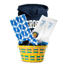 Basket with blue and white gloves, navy hoodie, and white socks on a white background