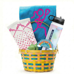 Basket with lacrosse-themed items including a socks, water bottle, and sticker on a white background