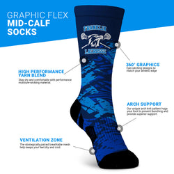 Blue and black sock with Franklin Lacrosse branding on a white and blue background