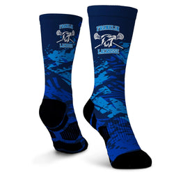 Blue socks with Franklin Lacrosse logo on a white background