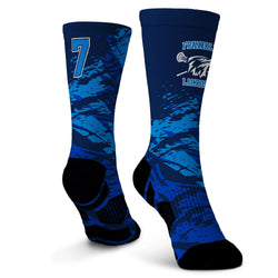 Blue camouflage socks with number 7 and logo on a white background