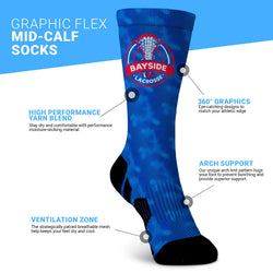 Blue graphic flex mid-calf sock with features highlighted on a white and blue background