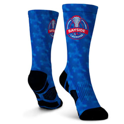 Blue socks with 'Bayside Lacrosse' logo on a white background