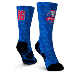 Blue socks with number 16 and 'Bayside Lacrosse' logo on a white background