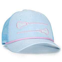 Light blue cap with pink lacrosse stick designs on a white background