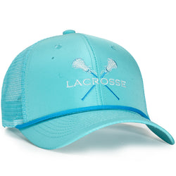 Light blue cap with lacrosse design and text on a white background