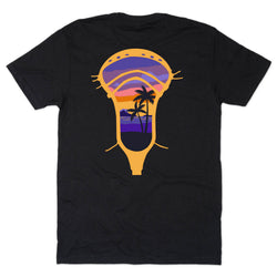 Black t-shirt with a lacrosse stick design featuring a sunset and palm trees on a white background.