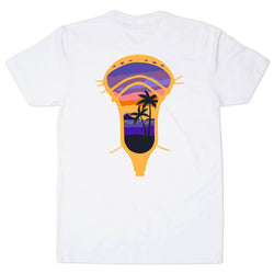 White t-shirt with a colorful tropical lax head design on the back featuring palm trees and a sunset.
