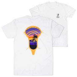 White t-shirt with a graphic design of a lacrosse stick with palm trees and a sunset on a white background.