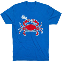 Royal blue t-shirt with a red crab graphic on a white background