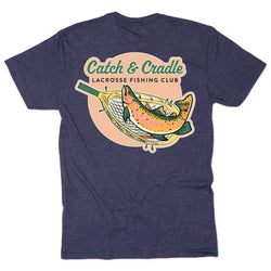 Navy blue t-shirt with a 'Catch & Cradle Lacrosse Fishing Club' graphic on the back